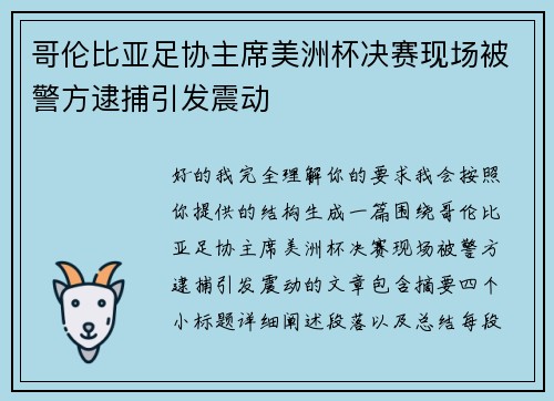 哥伦比亚足协主席美洲杯决赛现场被警方逮捕引发震动