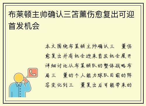 布莱顿主帅确认三笘薰伤愈复出可迎首发机会