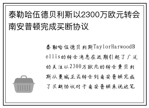 泰勒哈伍德贝利斯以2300万欧元转会南安普顿完成买断协议 泰勒哈伍德贝利斯以2300万欧元转会南安普顿完成买断协议